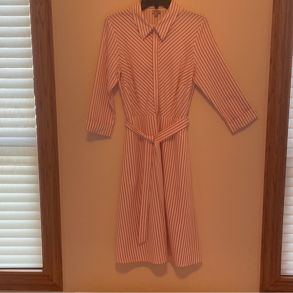 Flowing light Rayon Red and White striped button up the front shirt dress.